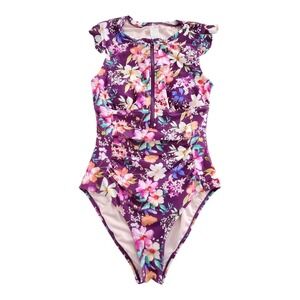 Cupshe Medium Purple Rashguard Short Sleeve‎ Ruffle 1 Pc Swimsuit Padded 1/2 Zip